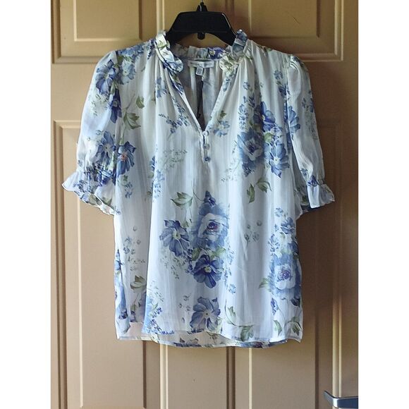 Maison d'Amélie Tops - Maison d'Amélie Blue & Off-White Floral Sheer Ruffled Blouse with Cami NWT XS